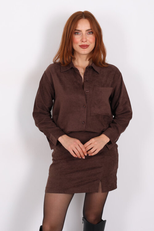 Cepli Süet Acı Kahve Kadın Gömlek - 5