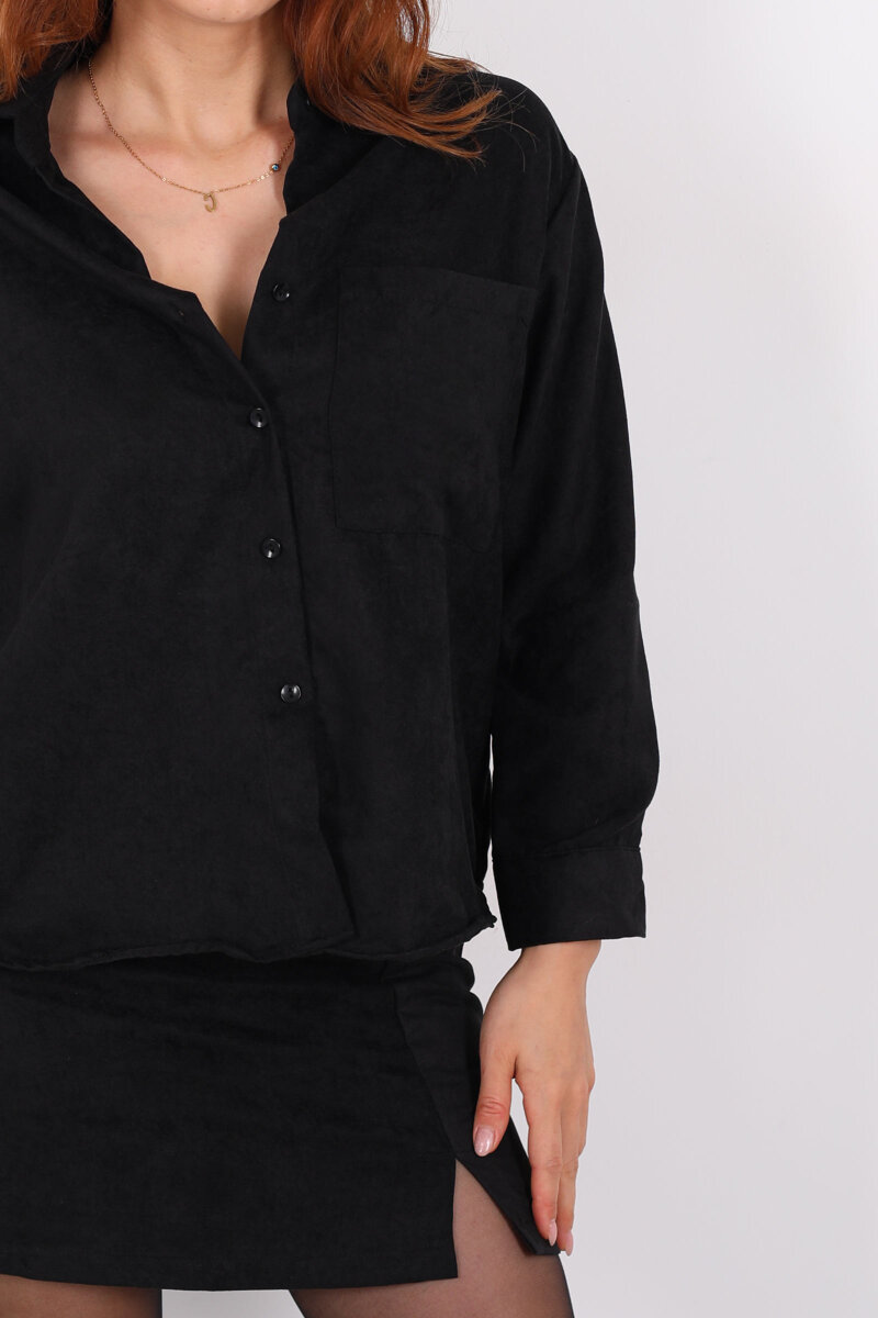 Cepli Süet Siyah Kadın Gömlek - 2