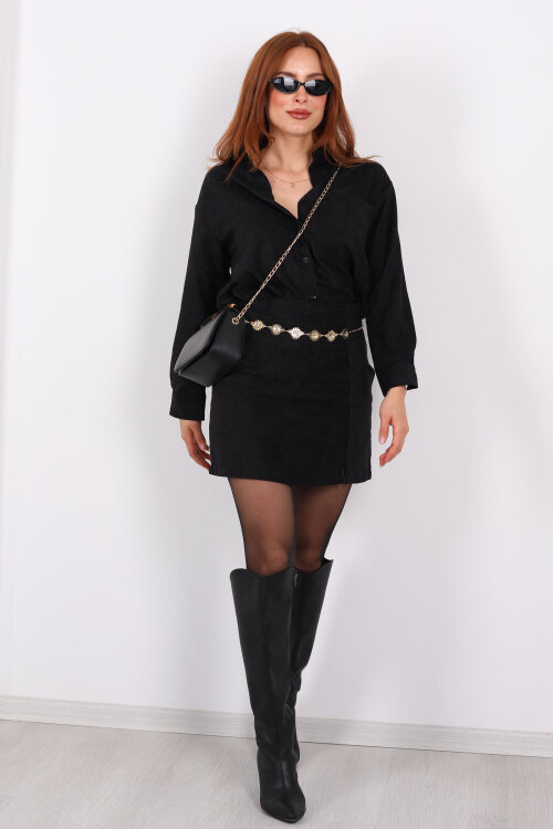 Cepli Süet Siyah Kadın Gömlek - 3