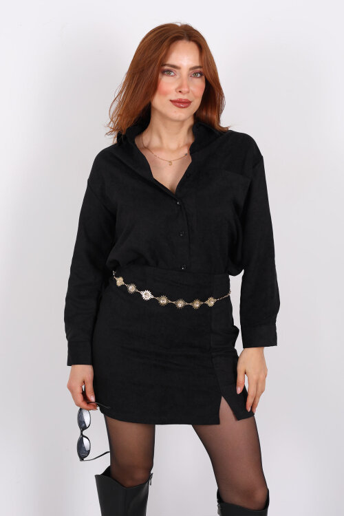 Cepli Süet Siyah Kadın Gömlek - 4