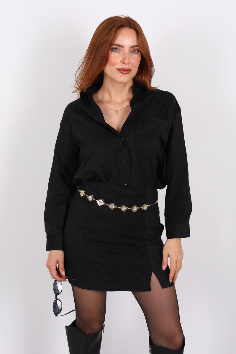 Cepli Süet Siyah Kadın Gömlek - 4