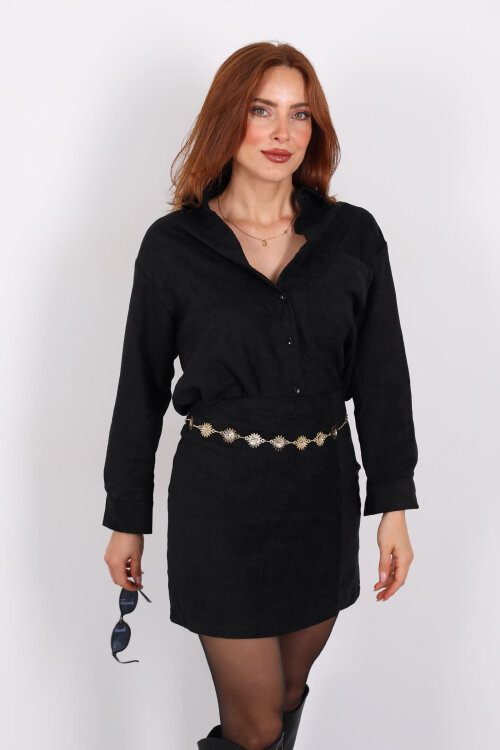 Cepli Süet Siyah Kadın Gömlek - 7