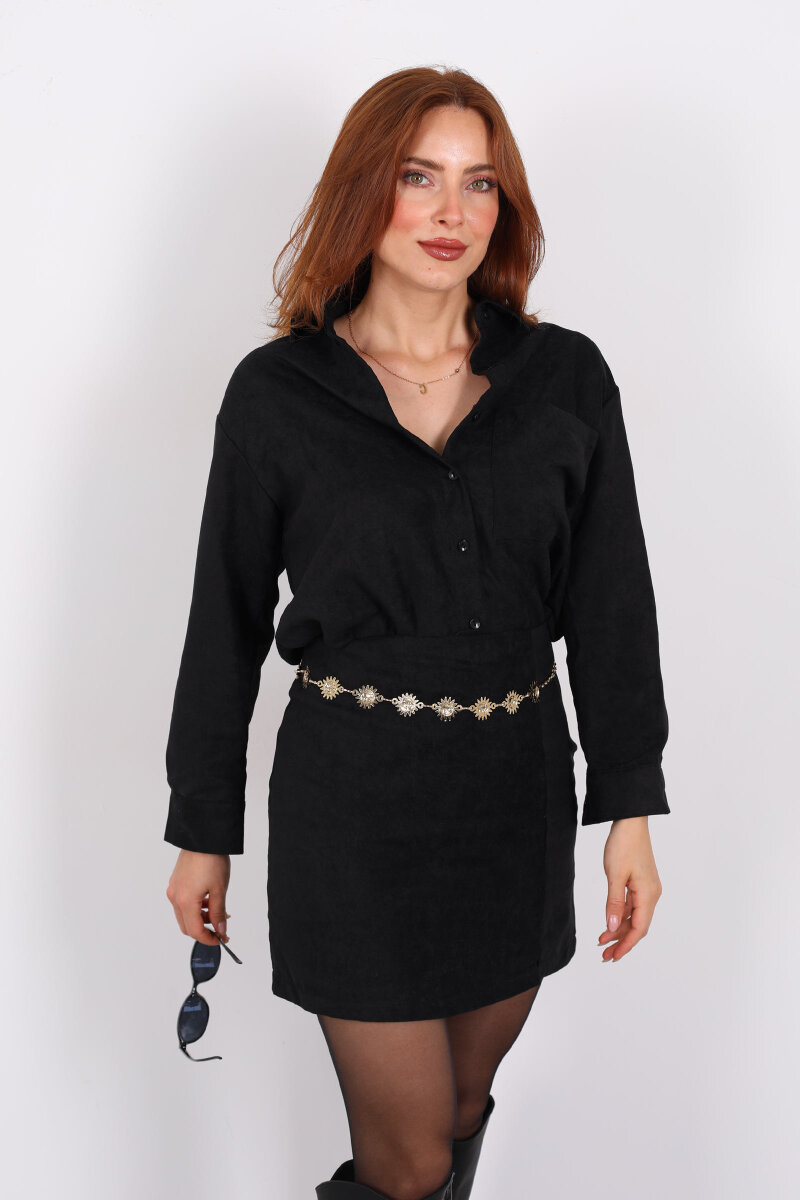 Cepli Süet Siyah Kadın Gömlek - 7