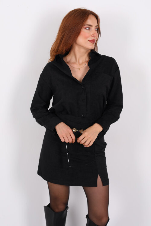 Cepli Süet Siyah Kadın Gömlek - 5