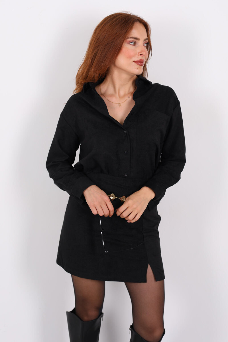 Cepli Süet Siyah Kadın Gömlek - 5