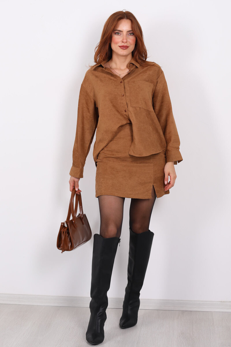 Cepli Süet Taba Kadın Gömlek - 6