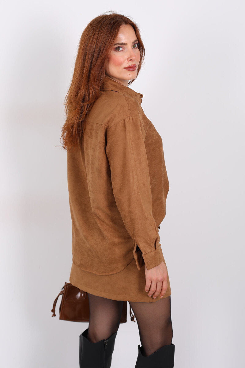 Cepli Süet Taba Kadın Gömlek - 5