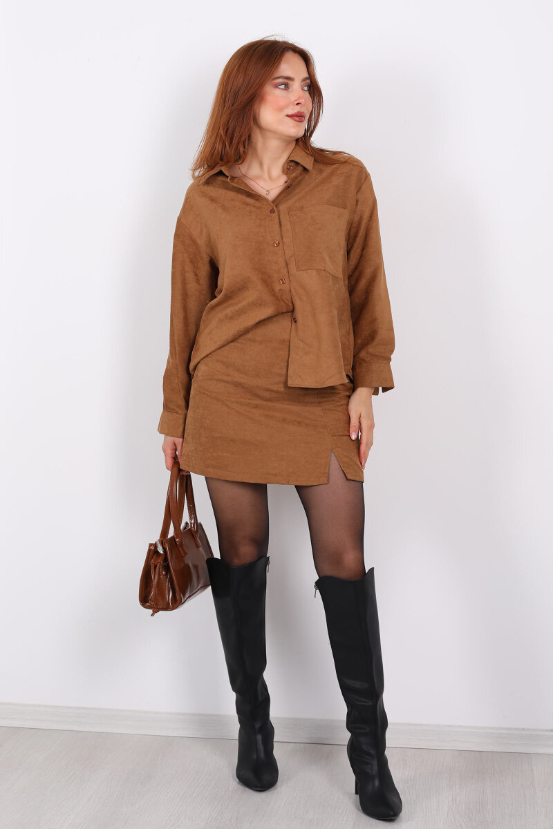 Cepli Süet Taba Kadın Gömlek - 3