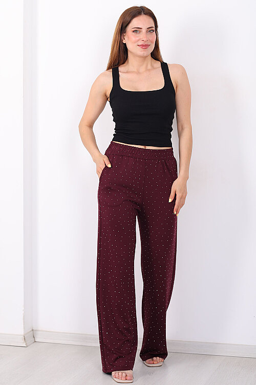 Cepli Taşlı Bordo Kadın Bol Paça Pantolon - 3