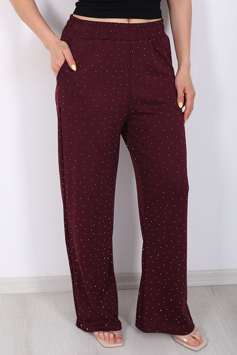 Cepli Taşlı Bordo Kadın Bol Paça Pantolon - 2