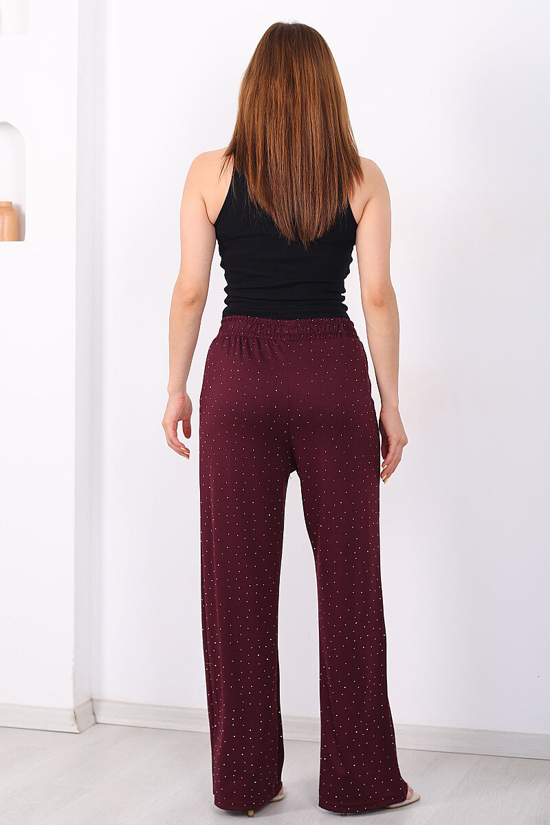 Cepli Taşlı Bordo Kadın Bol Paça Pantolon - 4