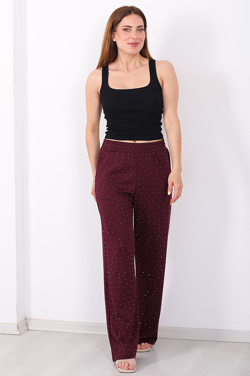 Cepli Taşlı Bordo Kadın Bol Paça Pantolon - 5