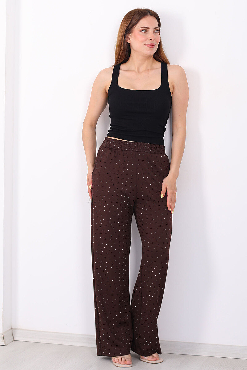 Cepli Taşlı Kahverengi Kadın Bol Paça Pantolon - 3