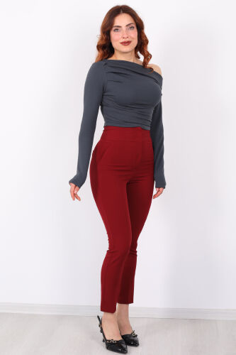 Cepsiz Yüksek Bel Bordo Kadın Kumaş Pantolon - 5