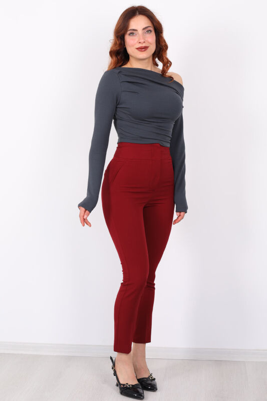 Cepsiz Yüksek Bel Bordo Kadın Kumaş Pantolon - 5