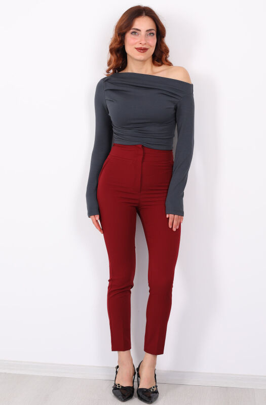 Cepsiz Yüksek Bel Bordo Kadın Kumaş Pantolon - 3