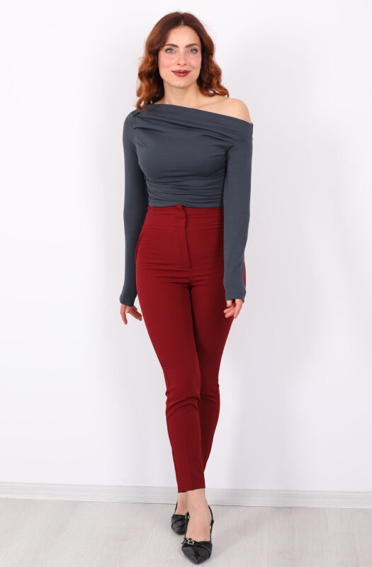 Cepsiz Yüksek Bel Bordo Kadın Kumaş Pantolon - 4