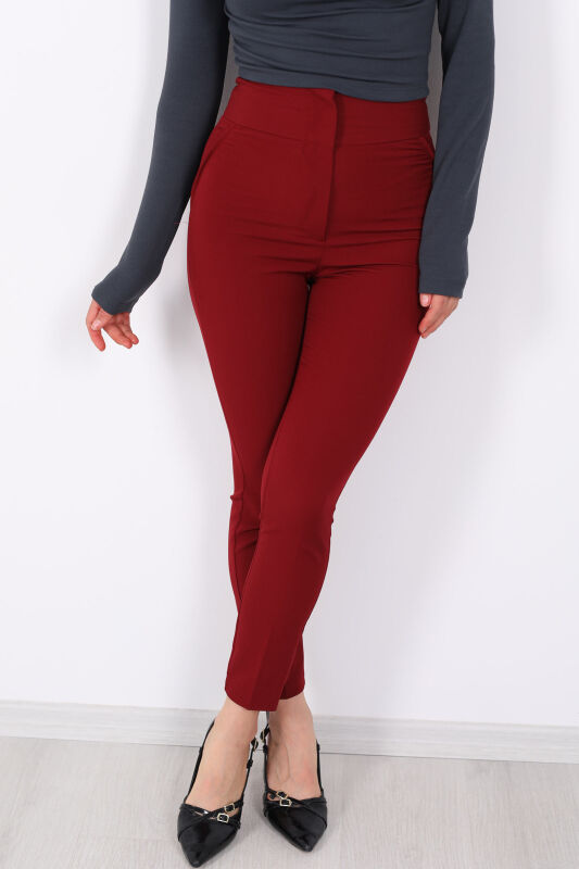 Cepsiz Yüksek Bel Bordo Kadın Kumaş Pantolon - 2
