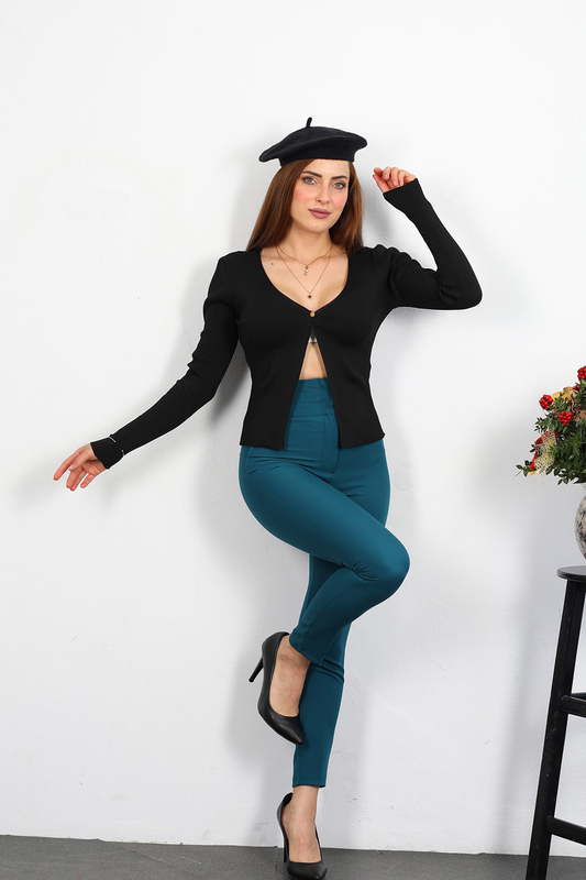 Cepsiz Yüksek Bel Petrol Yeşili Kadın Kumaş Pantolon - 3