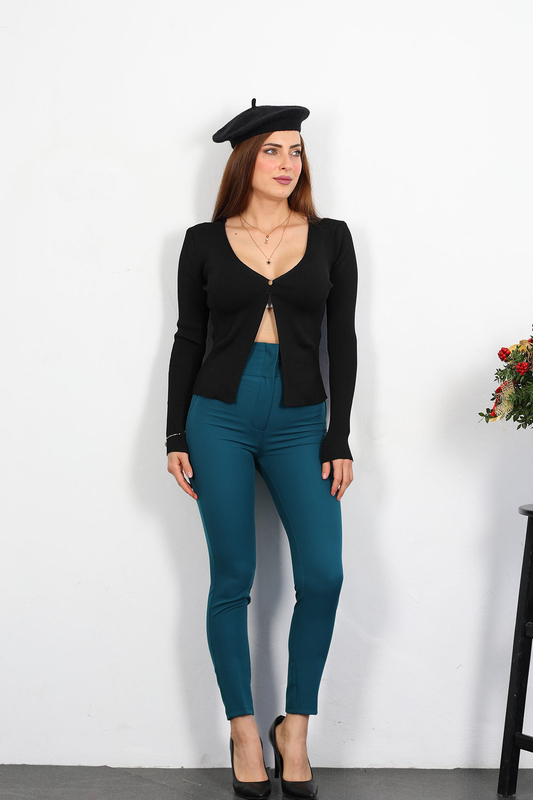 Cepsiz Yüksek Bel Petrol Yeşili Kadın Kumaş Pantolon - 1