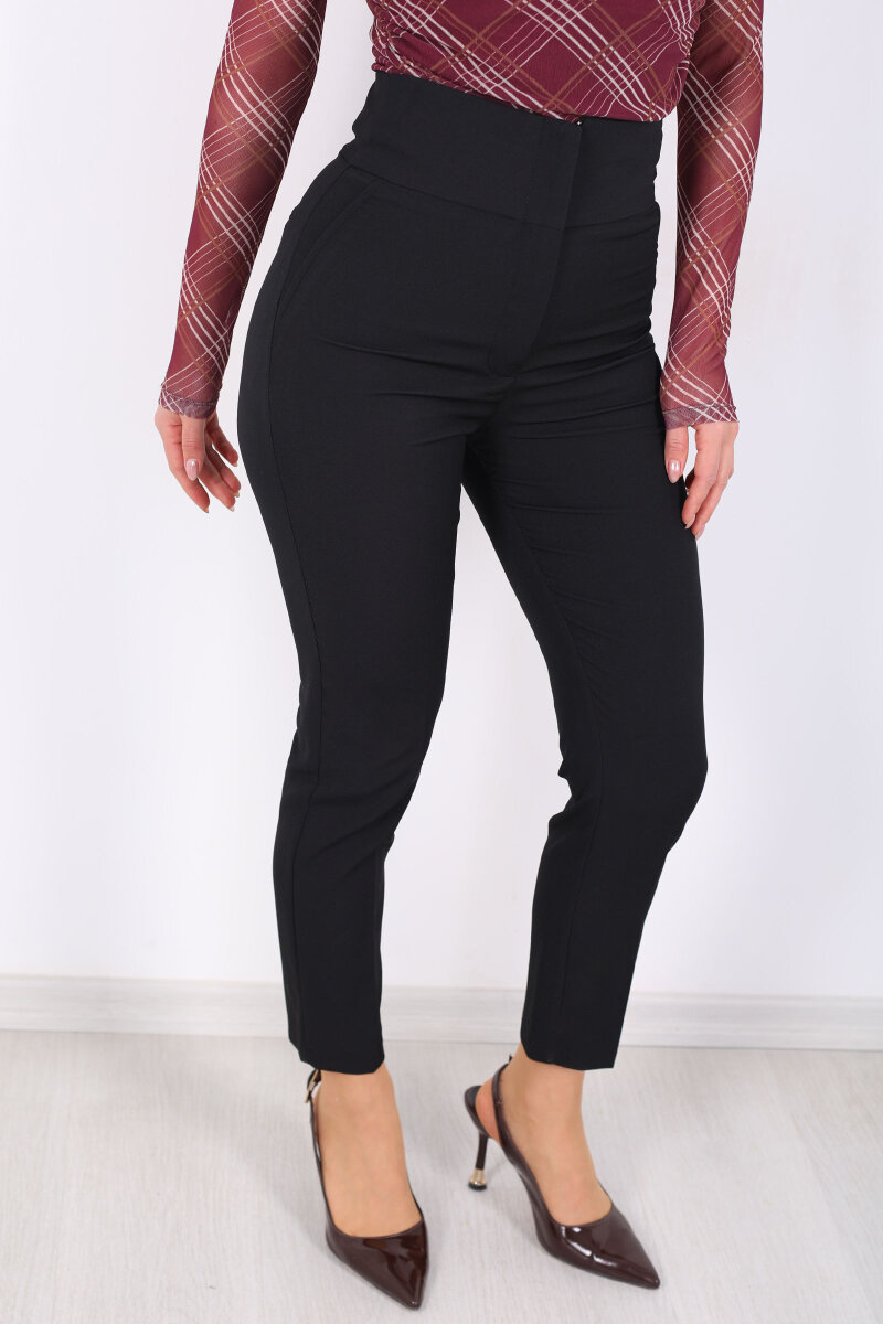 Cepsiz Yüksek Bel Siyah Kadın Kumaş Pantolon - 2