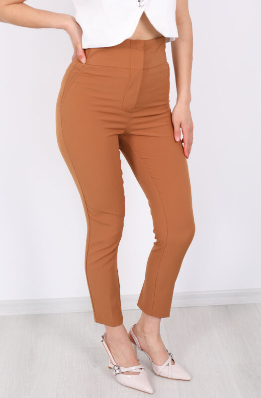 Cepsiz Yüksek Bel Vizon Kadın Kumaş Pantolon - 2