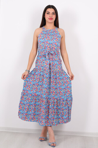 Çiçek Desen Halter Yaka Parçalı Kadın Mavi Midi Elbise - 4