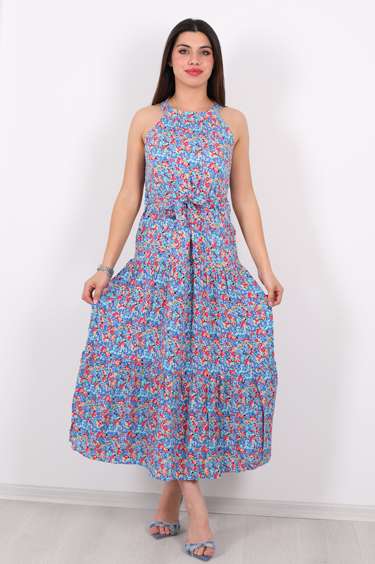 Çiçek Desen Halter Yaka Parçalı Kadın Mavi Midi Elbise - 4