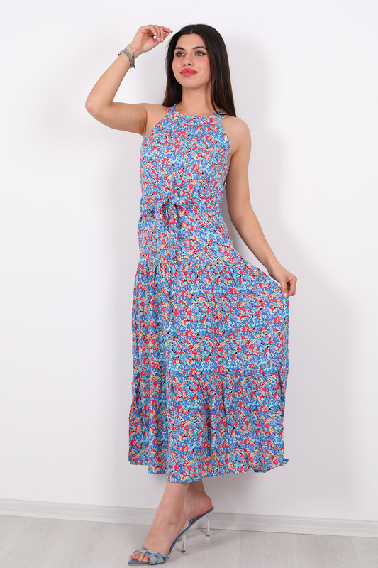 Çiçek Desen Halter Yaka Parçalı Kadın Mavi Midi Elbise - 1