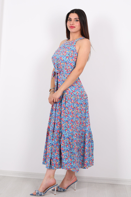 Çiçek Desen Halter Yaka Parçalı Kadın Mavi Midi Elbise - 5