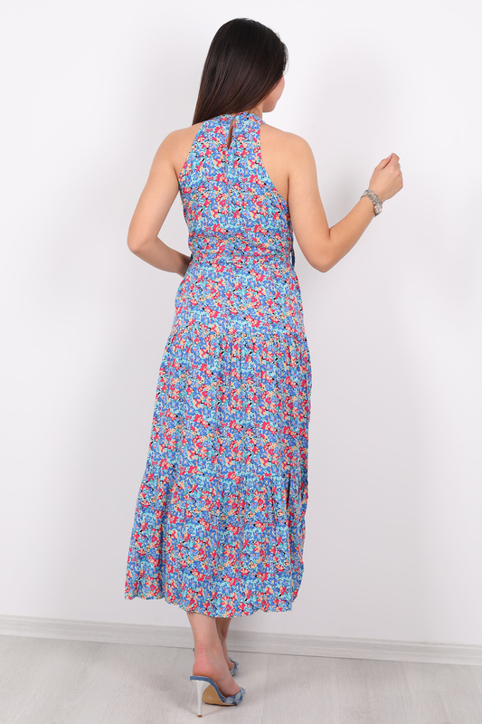 Çiçek Desen Halter Yaka Parçalı Kadın Mavi Midi Elbise - 6