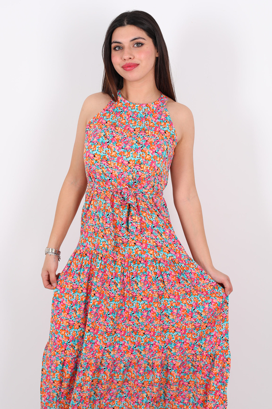 Çiçek Desen Halter Yaka Parçalı Kadın Turuncu Midi Elbise - 4