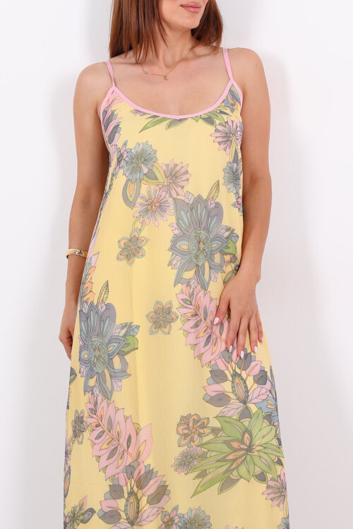 Çiçek Desenli Askılı Şifon Sarı Kadın Elbise - Berox (1)