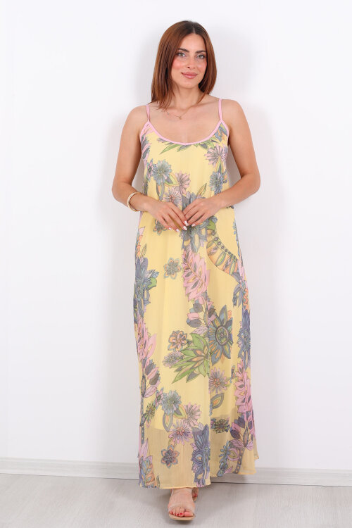 Çiçek Desenli Askılı Şifon Sarı Kadın Elbise - Berox
