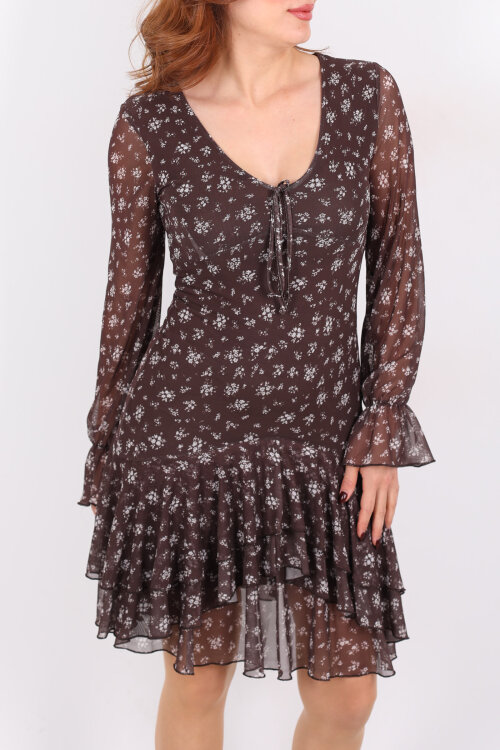 Çiçek Desenli Fırfırlı Kahverengi Kadın Tül Elbise - Berox (1)