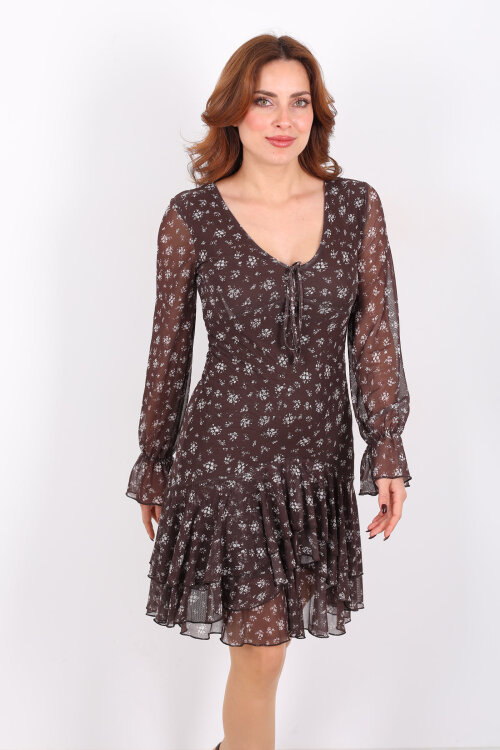 Çiçek Desenli Fırfırlı Kahverengi Kadın Tül Elbise - 7