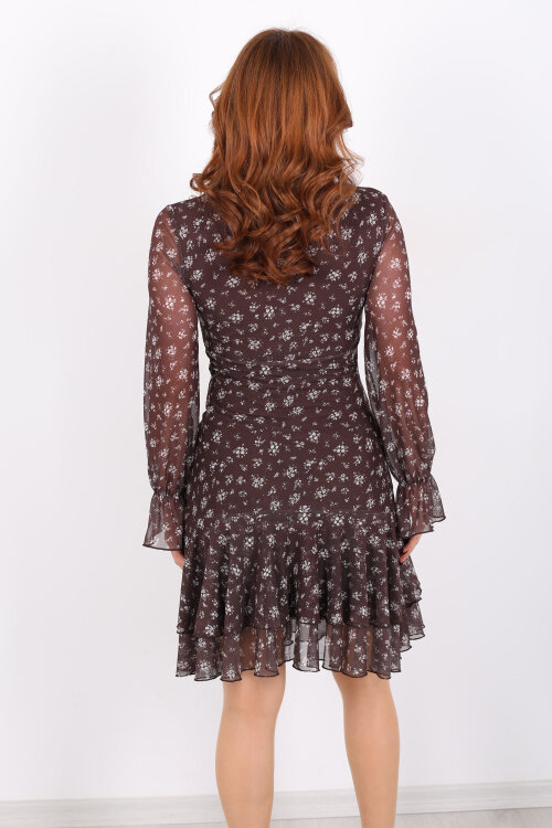 Çiçek Desenli Fırfırlı Kahverengi Kadın Tül Elbise - 5