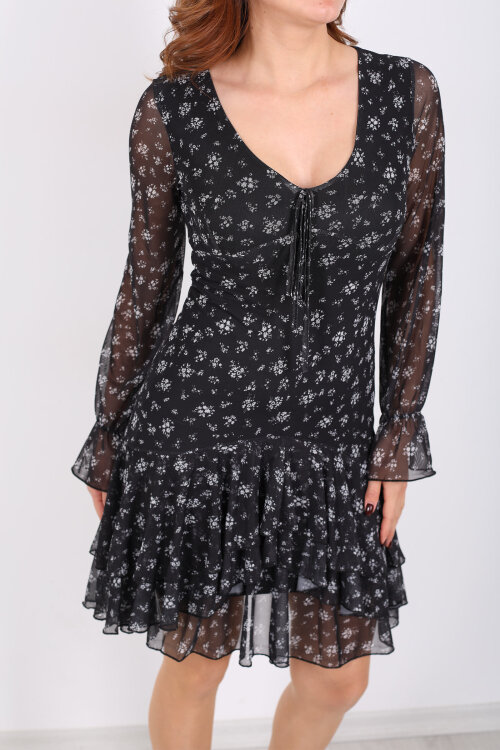 Çiçek Desenli Fırfırlı Siyah Kadın Tül Elbise - Berox (1)