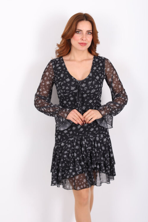 Çiçek Desenli Fırfırlı Siyah Kadın Tül Elbise - 6