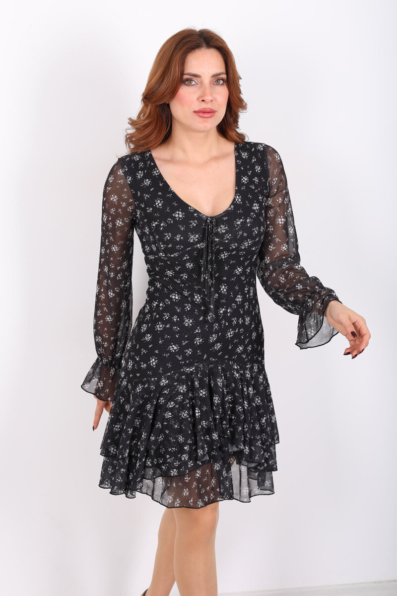 Çiçek Desenli Fırfırlı Siyah Kadın Tül Elbise - 3