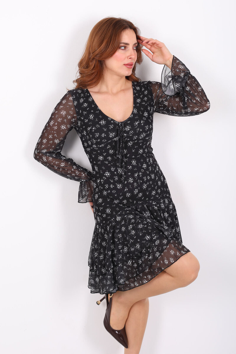 Çiçek Desenli Fırfırlı Siyah Kadın Tül Elbise - 1