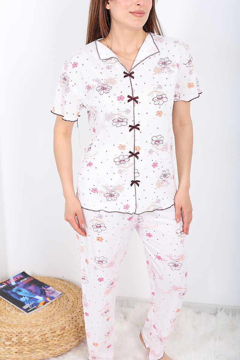 Çiçek Desenli Fiyonklu Ekru Kadın Pijama Takımı - 2