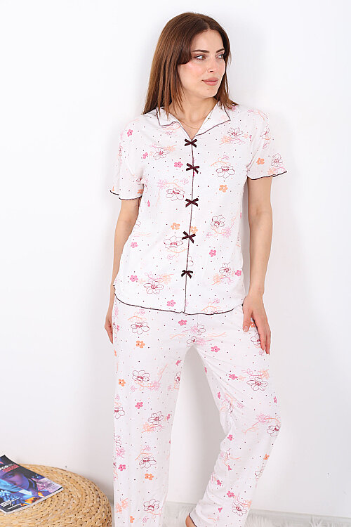Çiçek Desenli Fiyonklu Ekru Kadın Pijama Takımı 