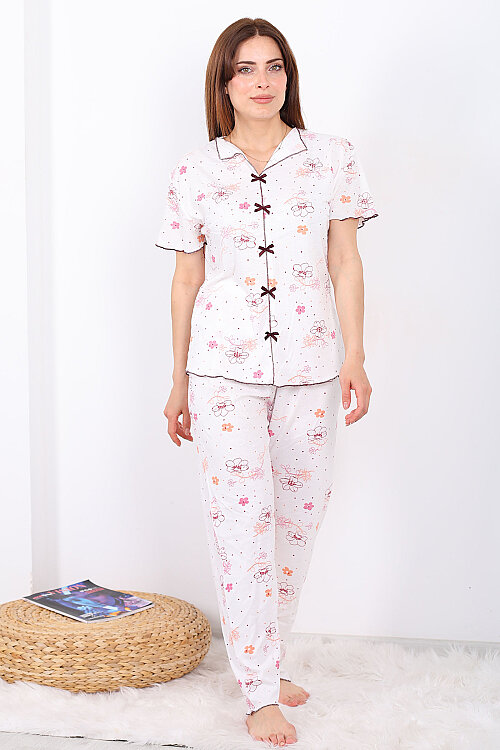 Çiçek Desenli Fiyonklu Ekru Kadın Pijama Takımı - 6