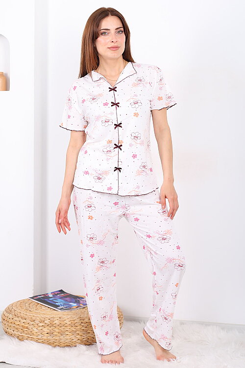 Çiçek Desenli Fiyonklu Ekru Kadın Pijama Takımı - 3