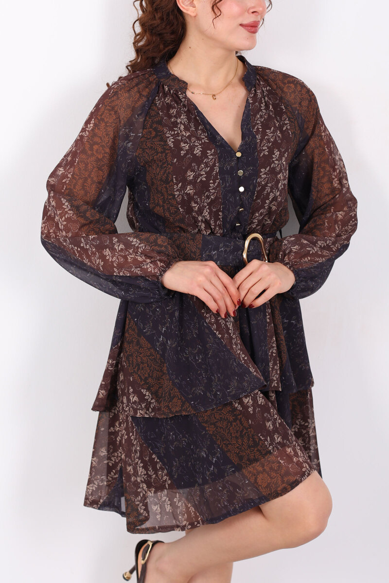 Çiçek Desenli Gold Kemerli Fırfırlı Şifon Kahverengi Kadın Elbise - 2