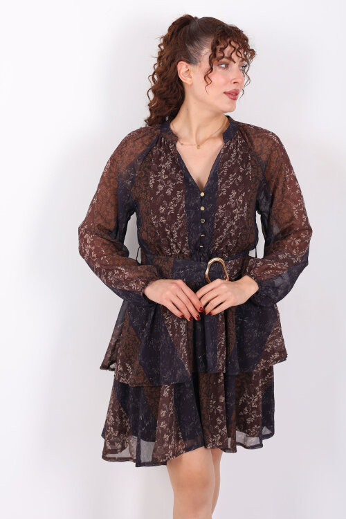 Çiçek Desenli Gold Kemerli Fırfırlı Şifon Kahverengi Kadın Elbise - 4