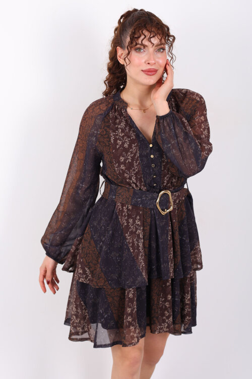 Çiçek Desenli Gold Kemerli Fırfırlı Şifon Kahverengi Kadın Elbise - Berox