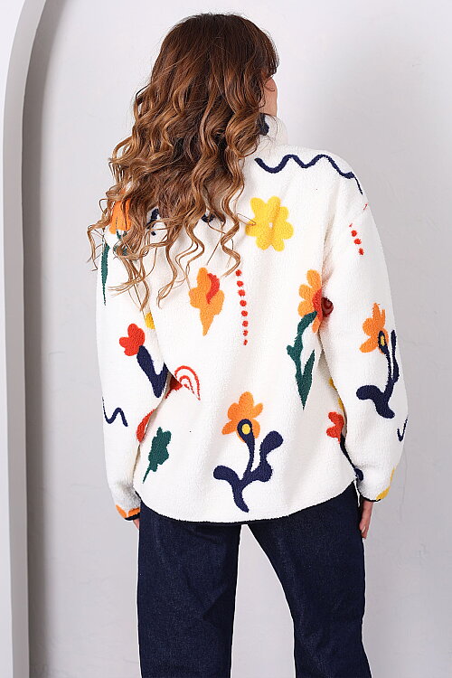 Çiçek Desenli Oversize Ekru Kadın Peluş Ceket - 5