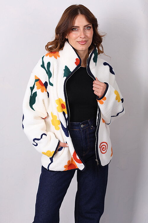Çiçek Desenli Oversize Ekru Kadın Peluş Ceket - Berox